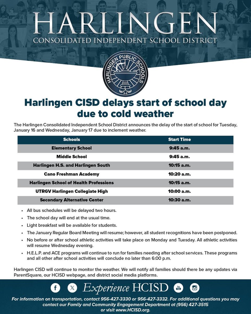 Attention: Delayed start times for Tues/Wed, Jan. 16 &amp; 17. See flyer below. Stay warm and be safe! 🥶