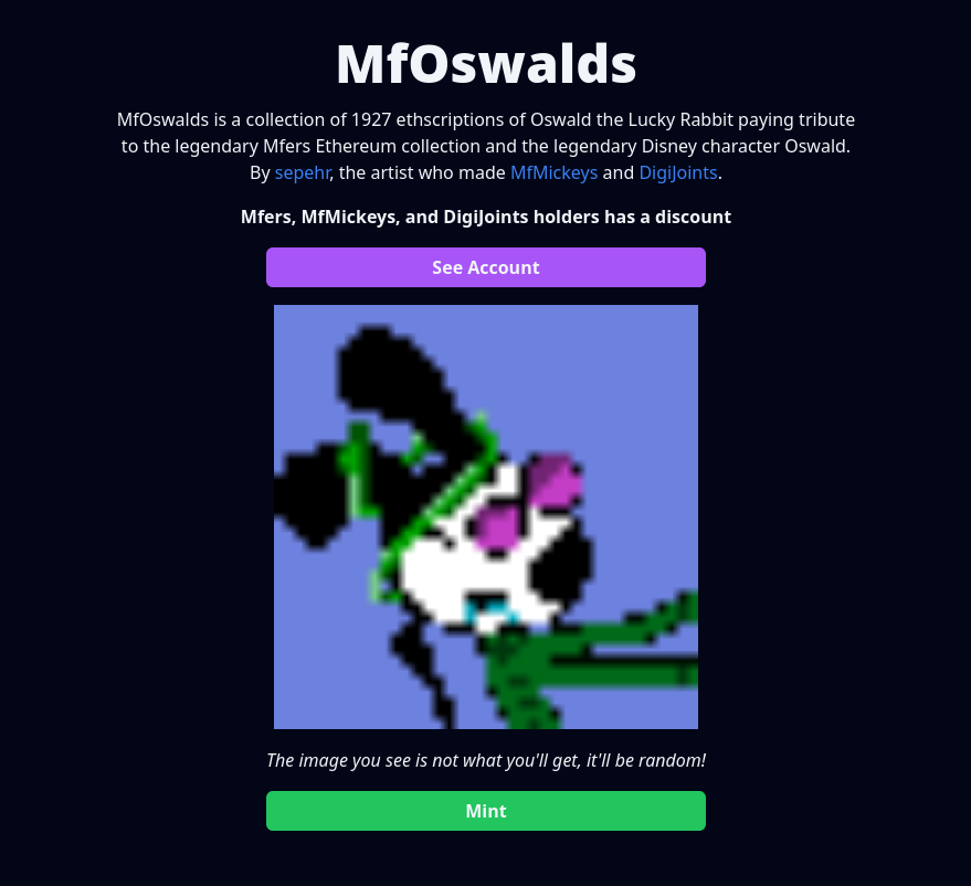 wgw_eth's tweet photo. Oswald The Lucky Rabbit is coming on-chain.
Some time tomorrow or the next day, we'll see.
#mfers #mfmickeys #digijoint holders discount.
#Ethscriptions @mfmickey_eth @Enspepes #Oswald #OswaldRabbit #MfOswalds
Artist: @sphrNFT https://t.co/Ih8t37nATo