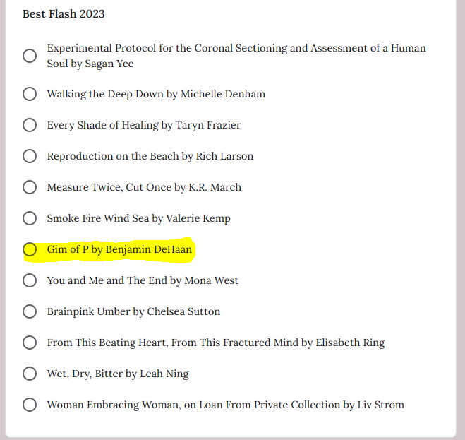 benjamin_dehaan's tweet photo. Voting for APEX Magazine's Reader's Choice Awards is open today! How delighted I would be if you could all kindly vote for my Flash Fiction piece "Gim of P". #flashfiction #awards #sf #sciencefiction #apex #readerschoice #amreading
https://t.co/z3ZTydIYdv https://t.co/a8QZTQ4v6R
