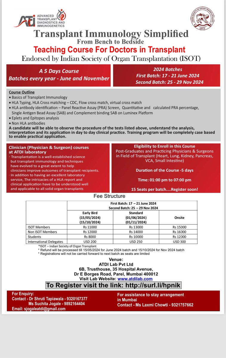 drprashantr's tweet photo. Transplant immunology for doctors !! 

A comprehensive teaching program by Advanced Transplant Diagnostics and Immunogenetics endorsed by ISOT for 5 days in Mumbai. Limited seats, Register soon. https://t.co/1PKPpvrQgq
