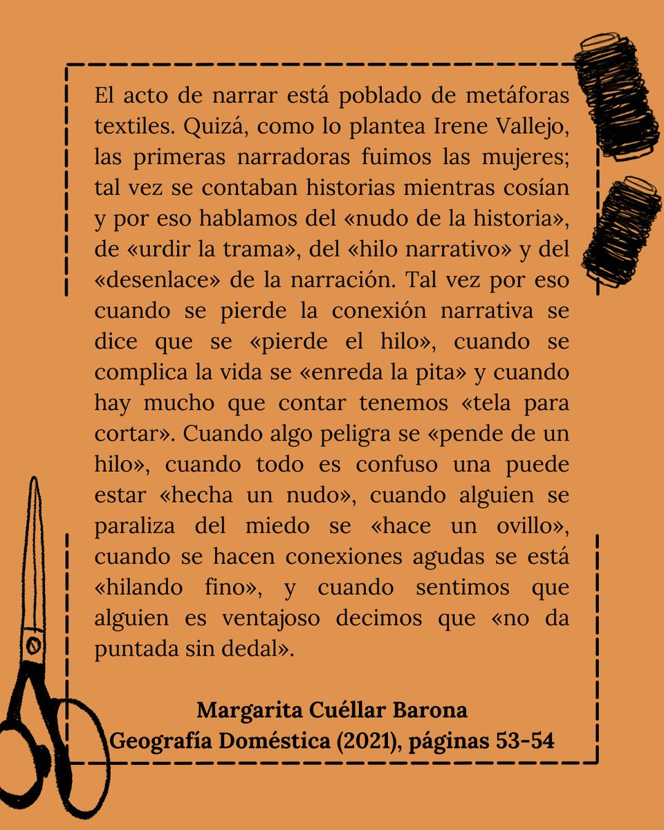 deshilachadas's tweet photo. 📚🧶El textil también es el arte de narrar historias. Por eso, mientras bordamos y contamos las nuestras, les compartimos este libro de @margarita_c_b  titulado "Geografía Doméstica". Te invitamos a que leas esta historia y a que sigamos "tejiendo fino" juntas, juntos, juntes✨ https://t.co/gwWsm9wOA3