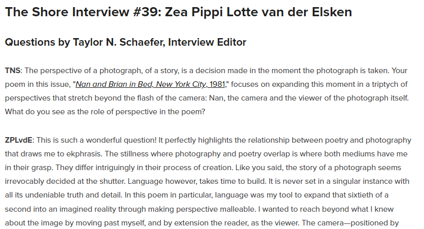 PoetryShore's tweet photo. ❄️New Interview Alert!❄️

Cozy up with a warm beverage and check out this stellar interview by Interview Editor Taylor N. Schaefer with ISSUE TWENTY contributor Zea Pippi Lotte van der Elsken.

https://t.co/ZppH9u9AVL https://t.co/45Y8iO56D2