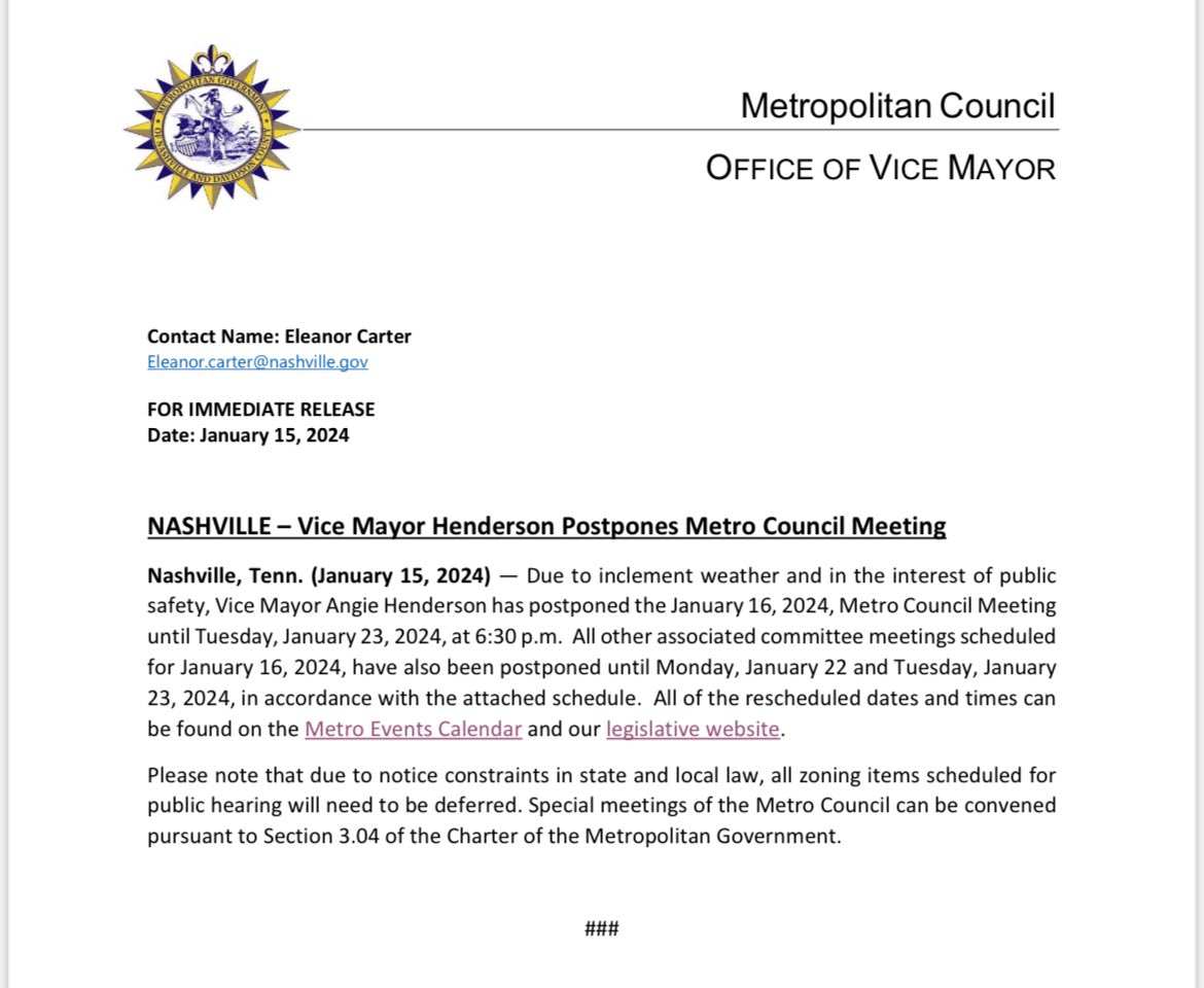 #MetroCouncilNash will not meet Tuesday, January 16. Committee meetings have been moved to Mon. Jan. 22nd & 23rd, and the main meeting will be Tuesday, January 23 at 6:30 PM. ❄️