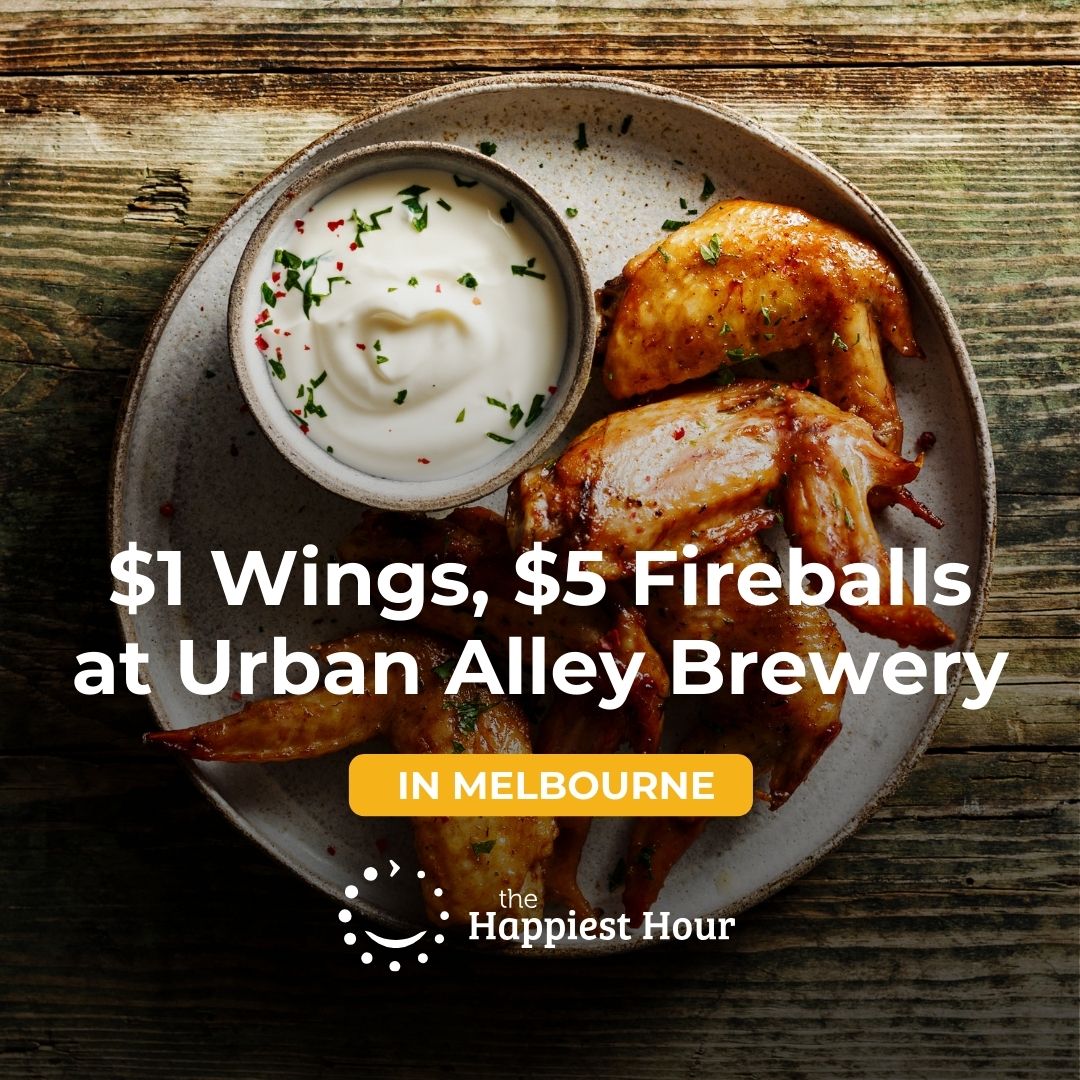 😁🍗Pop in to Urban Alley Brewery in Melbourne for $1 Wings and $5 Fireballs! Available everyday from 3pm to 6pm. Be sure not to miss out with The Happiest Hour🥃😁

Check it out here🙂
thehappiesthour.com/venues/melbour…

#melbournespecials #thehappiesthour #happyhour #wingit #fireball