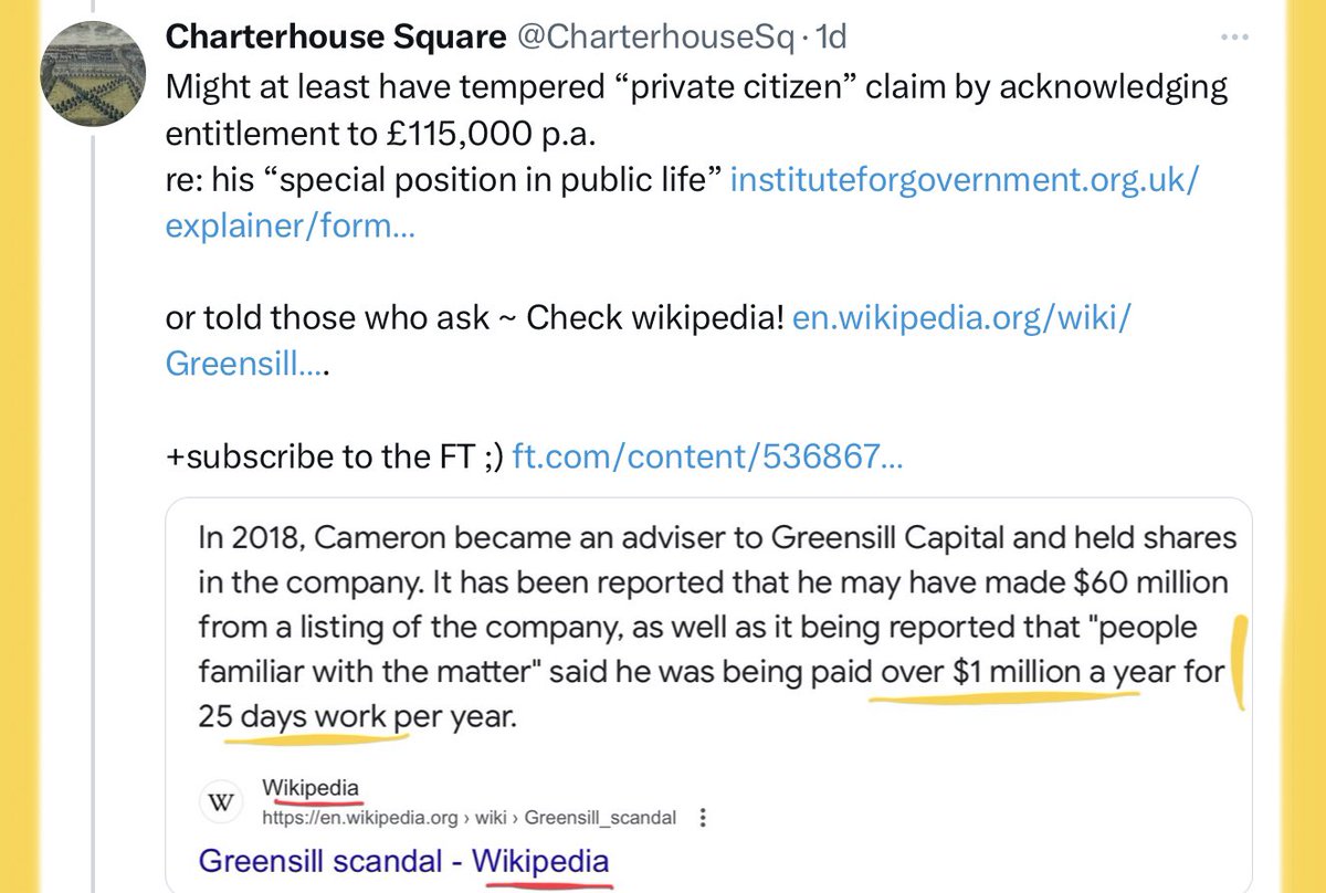 CharterhouseSq's tweet photo. @haveigotnews “Private citizen” status normally doesn’t include:
⬇️ entitlement to a #PDCA allowance ( >> £115,000 p.a.)
or specialist police protection & state provided chauffeur-driven car
or being on the Privy Council https://t.co/cjBM5VODMA
#SilkPurse 🤷 #PigsEar ;) https://t.co/liJvTmACvz