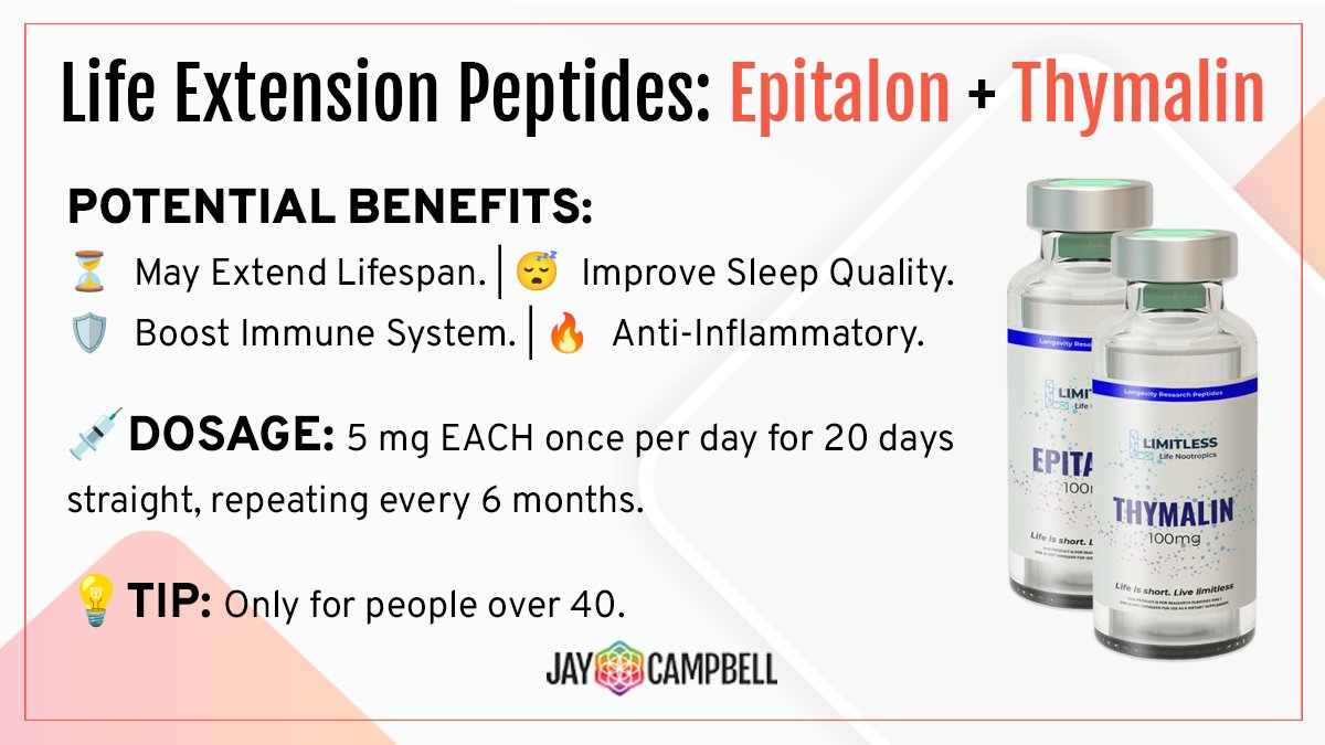 JayCampbell333's tweet photo. Live Longer and healthier w/ #Epitalon & #Thymalin.
The #longevity peptides repair your telomeres (aka., your cells' biological clock).
Get 📚 “Optimize your Health with Therapeutic Peptides” (Amazon) to learn much more.
Get Epitalon Now!
https://t.co/9Hv5O8Aq50
Code Jay15 https://t.co/MoKRQsKQlu