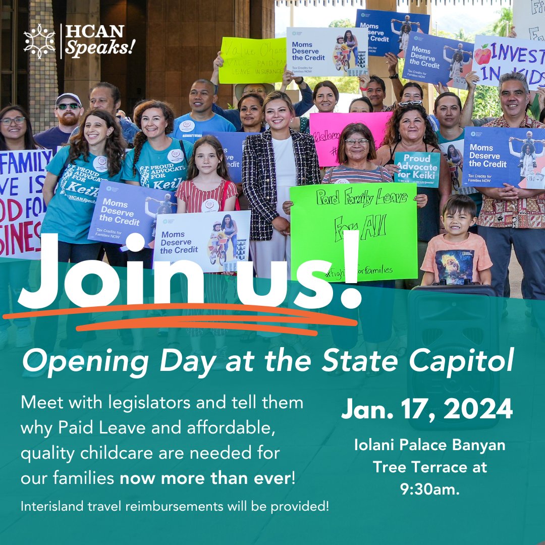 Want to do more for keiki? Join <a href="/hcanspeaks/">Hawaiʻi Children’s Action Network Speaks!</a> Wednesday morning at the Capitol to meet with legislators and tell them why Paid Leave and affordable, quality childcare are needed for our families now more than ever! Come be a Superhero for keiki!

speaks.hawaii-can.org/2024_opening_d…