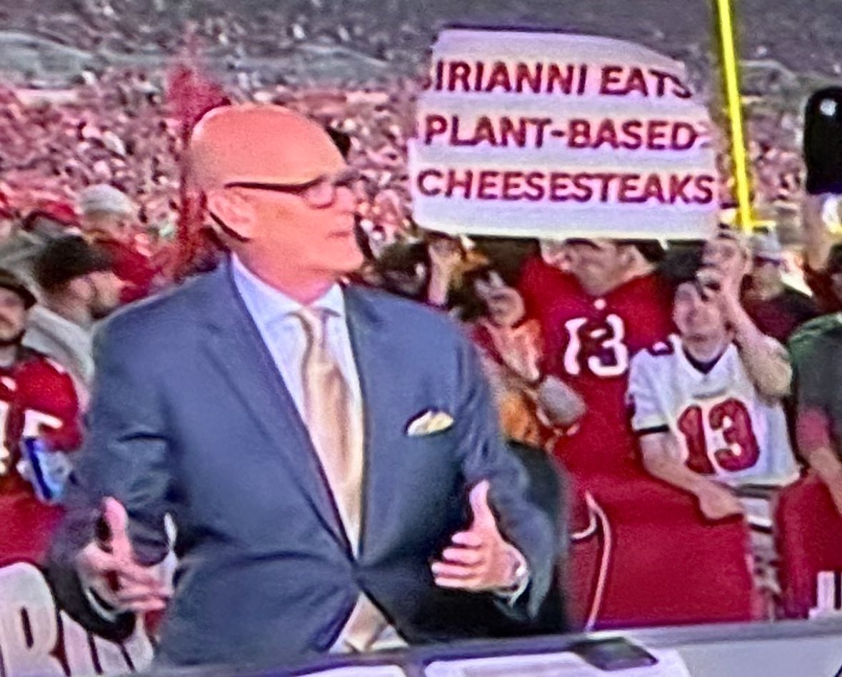 technosucks's tweet photo. Shout out to the guy with the “Sirianni eats plant-based cheesesteaks” sign. https://t.co/vE06Mf025V