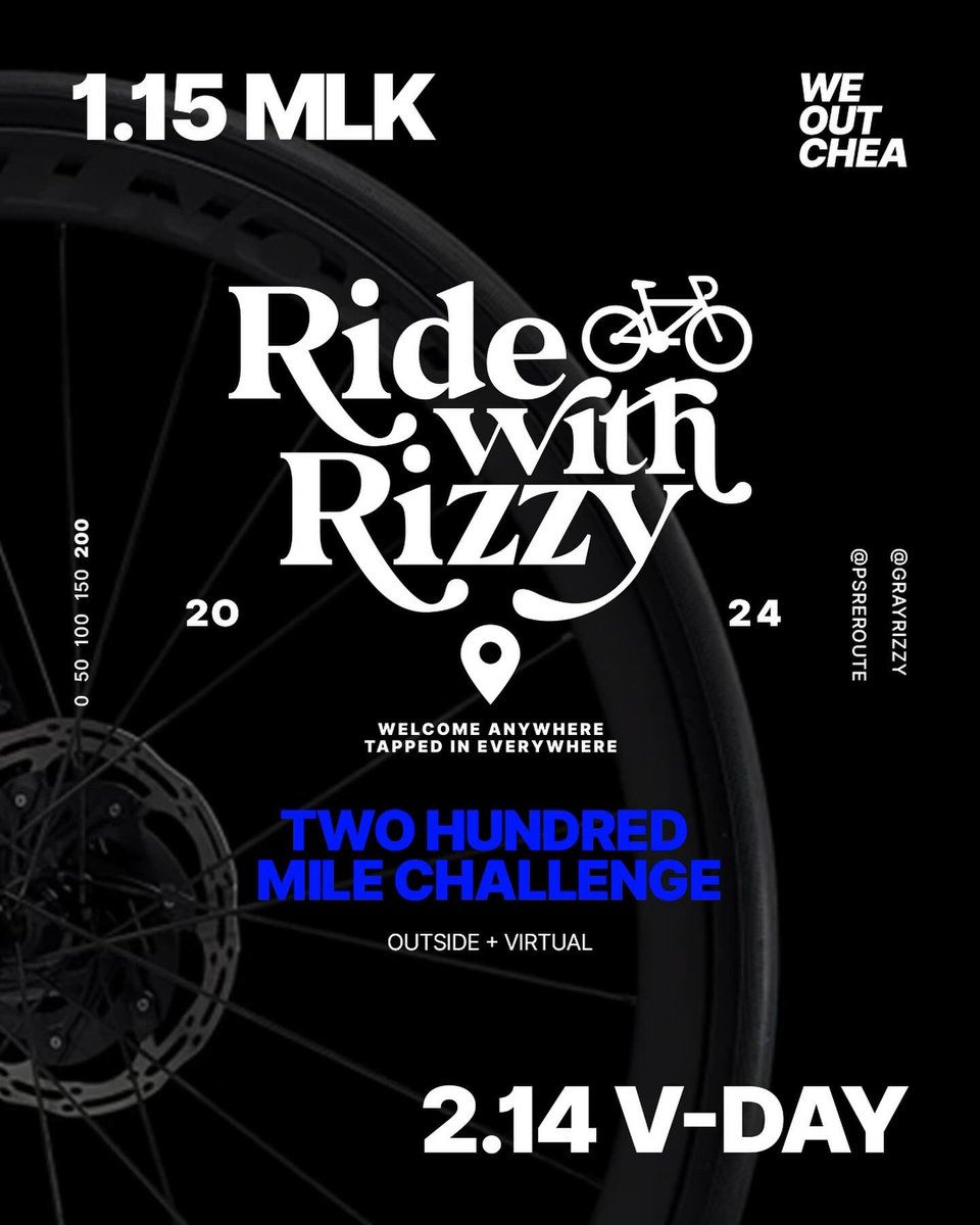 GrayRizzy's tweet image. NEW Year, NEW Ride With Rizzy Challenge!

200 Miles
Outside + Virtual 👍🏽

1/15 - 2/14/24

Follow @grayrizzy on @strava app
Request invite
Weekly updates via IG
All welcome! 🙌🏽

WEOUTCHEA | #RIDEWITHRIZZY 

🚨#RWR HATS BACK IN STOCK
BX NAVY + QU ROYAL 
LIMITED #’s…DM TO PURCHASE!