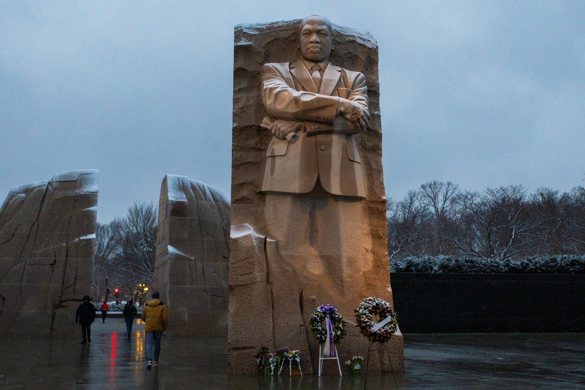 A dusting of snow highlights the Martin Luther King Jr. Memorial in DC on Monday, Jan. 15, 2024.

#MLKDay2024