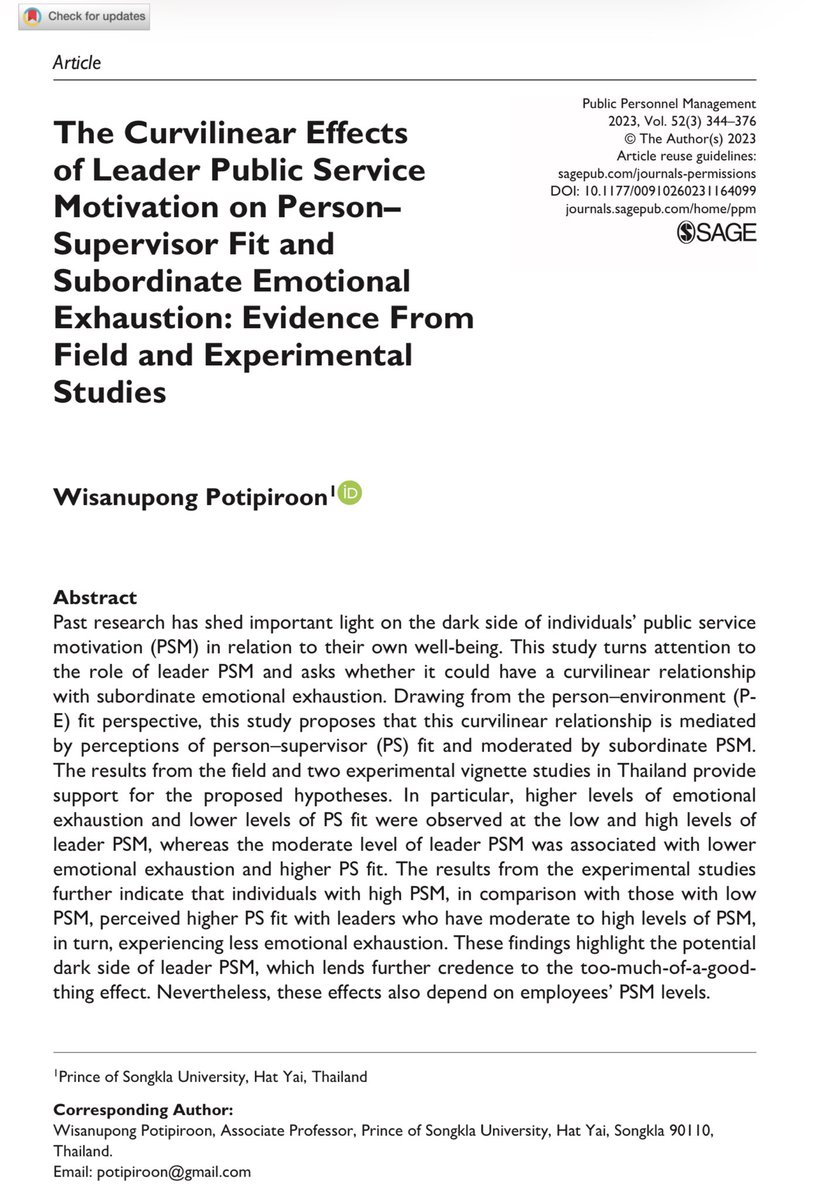 This paper shows that, from the worker's standpoint, moderate levels of leader public service motivation (PSM) is most desirable. This is consistent with the too-much-of-a-good-thing (TMGT) effect.

journals.sagepub.com/doi/abs/10.117…