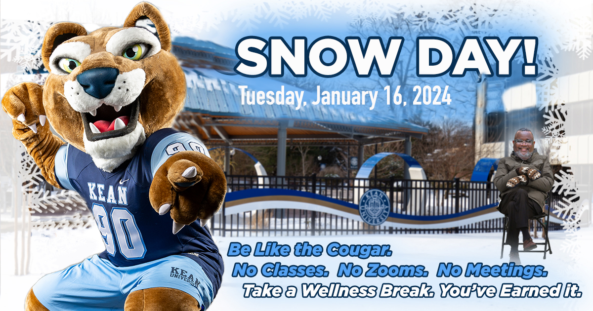 KeanUniversity's tweet photo. SNOW DAY: All Kean University Classes and Activities Canceled on Tuesday, January 16

Due to the weather forecast for snow and icy conditions, all classes and activities – both remote and in-person – will be canceled on Kean's main campus in the Union, Kean Ocean and Kean Skylands on Tuesday, January 16.

Only personnel who are essential during weather emergencies should report to work as required. All other faculty and staff are excused. Employees with questions about their status should consult with their supervisors.

Keanu’s Kitchen will be open for residential students from 9 a.m. to 9 p.m. Further information will be available @GourmetDiningKean on Instagram.

Anyone parking overnight on the Union campus is required to move their vehicle to the Vaughn-Eames overnight parking lot, which is located off North Avenue on the far side of the Vaughn-Eames lot, to allow for plowing overnight.

for any updates to the campus status. Visit https://t.co/w7O9hZzUSY
