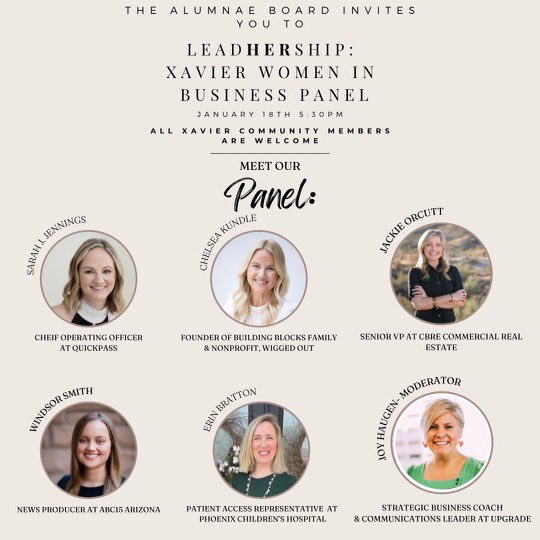 Please join us on January 18th at 5:30 p.m. for the leadHERship: Xavier Women in Business Panel!👩🏻💼👓🐊💙 We can’t wait to hear from our inspiring female alumnae leaders!🤍 #foreverxaviergirls