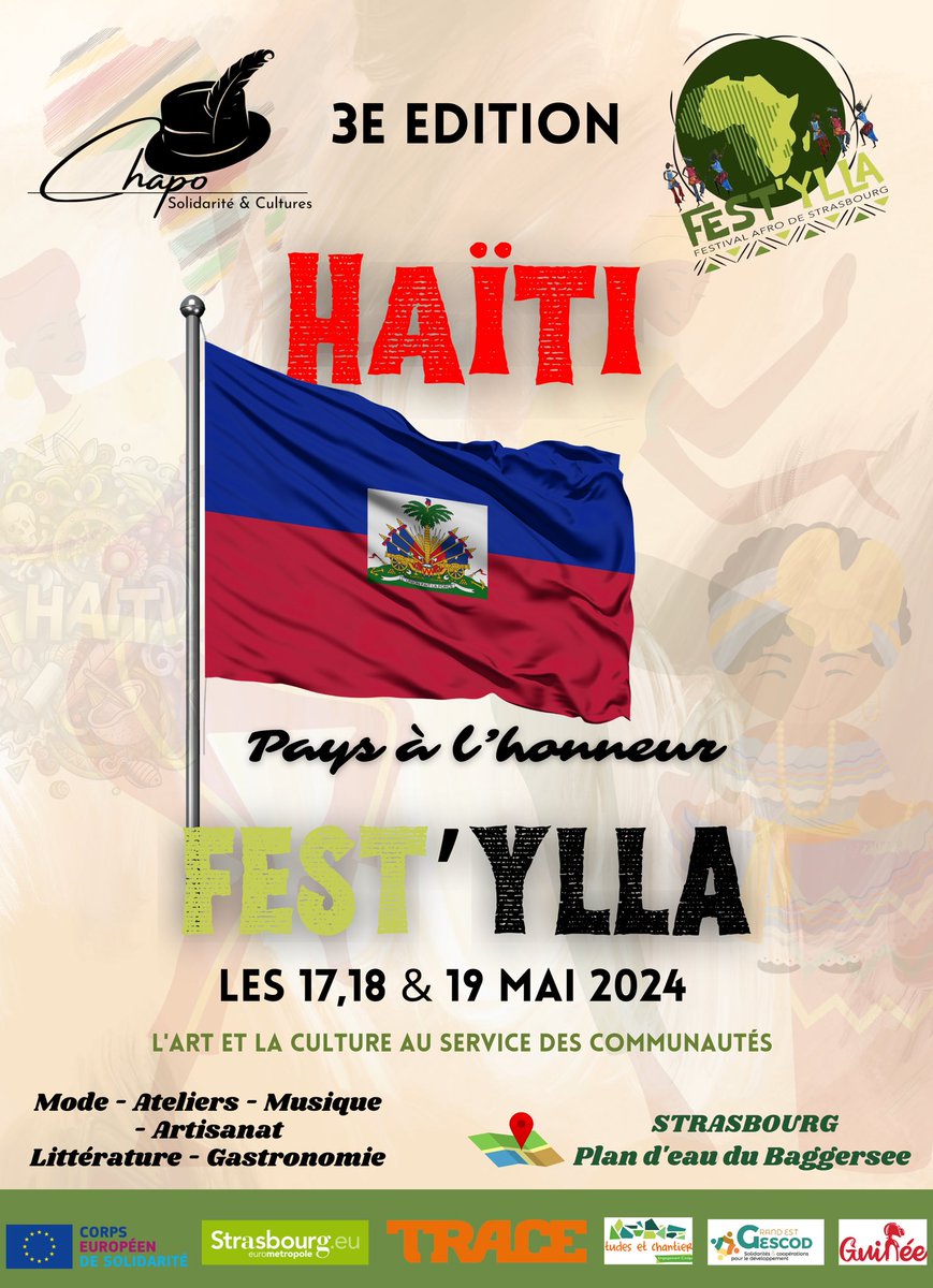 CHAPO_Asso's tweet photo. Nous sommes ravis de vous annoncer que cette année, à l'occasion du 221e anniversaire du drapeau haïtien, Haïti a le privilège d'être le pays à l'honneur lors du Fest'Ylla à Strasbourg, sous le patronat de l'Association @CHAPO_Asso https://t.co/2zaqR7U8y6
