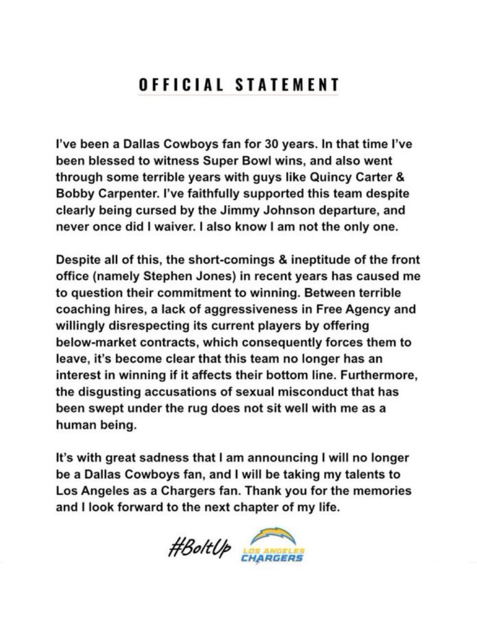MLFootball (@_mlfootball) on Twitter photo WILDā¦. This #Cowboys fan has DROPPED has fandom and is now a #Chargers fans
āI've faithfully supported this team...Between terrible coaching hires, a lack of aggressiveness in free agency, and willingly disrespecting its current players.ā
š³
(Via <a href="/NFLTrenchBattle/">The Football Scout</a>) WILDā¦. This #Cowboys fan has DROPPED has fandom and is now a #Chargers fans
āI've faithfully supported this team...Between terrible coaching hires, a lack of aggressiveness in free agency, and willingly disrespecting its current players.ā
š³
(Via <a href="/NFLTrenchBattle/">The Football Scout</a>)