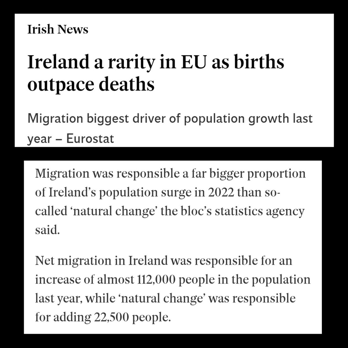 This is the reality of what's happening in Ireland. 

Add up all the migrant centres, all the Ukrainians, the work permits, the foreign students and foreign workers. 

The result = over a million foreigners in Ireland and a replacement rate of 5/1. 

Your anger is justified.