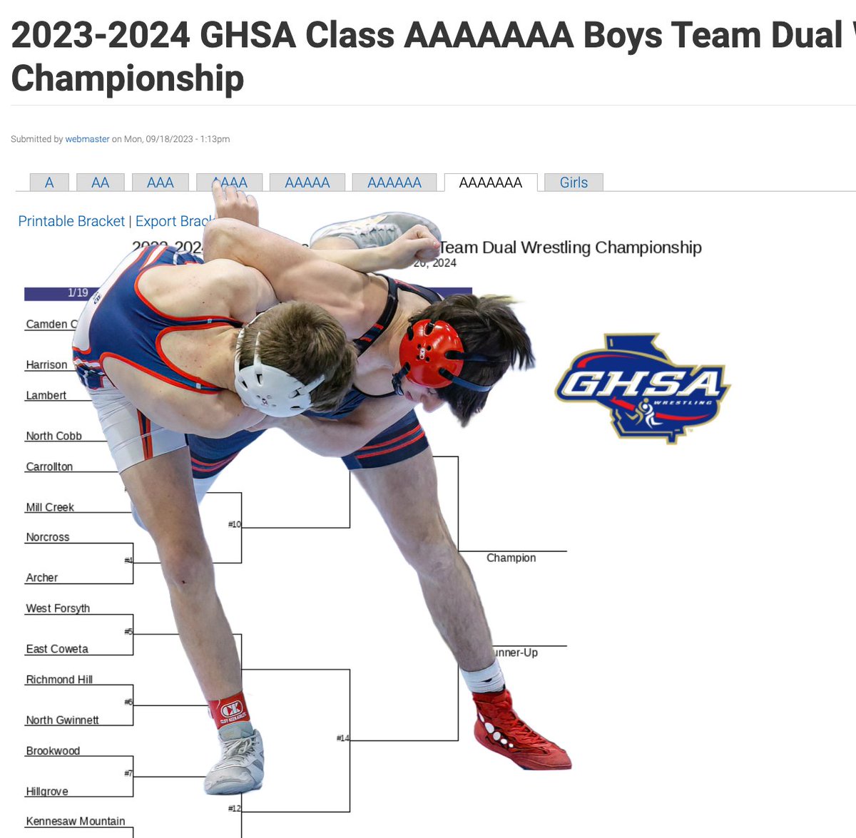 Get Team Dual Wrestling State Brackets, Jan. 19-20 at seven (7) sites. Tickets @GoFanHS. Watch live @NFHSNetwwork @FloSports bit.ly/48RI15G