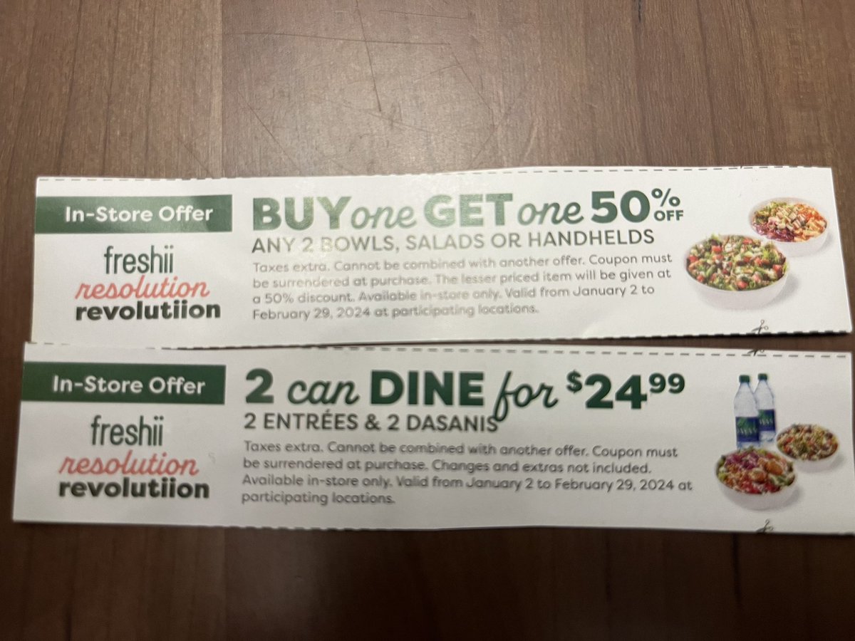 SimonLabbett's tweet photo. We love you food @freshii but your coupons are misleading. Two custom bowls for us tonight but told not applicable, had to pay full regular price. Coupon specifically says "Any 2 bowls". #honourTheWords #freshIngredients #healthyChoice #disappointedCustomer https://t.co/JAAW2EVd5Y