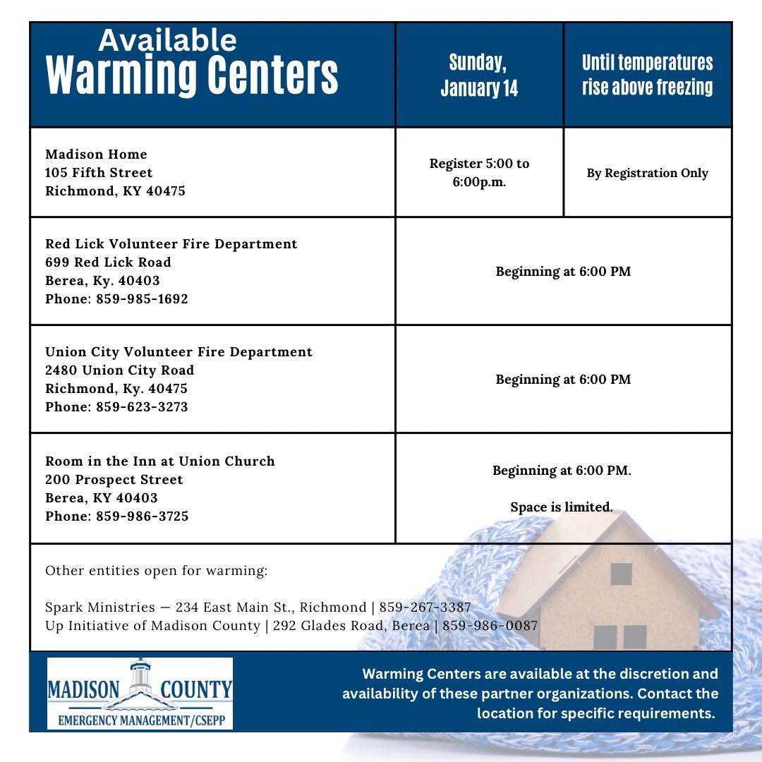 From Madison County EMA: As freezing temps sweep through the area, there have been area warming shelters established in our area from community partners. For more information for each location, contact the number provided. We will update the information as it becomes available.
