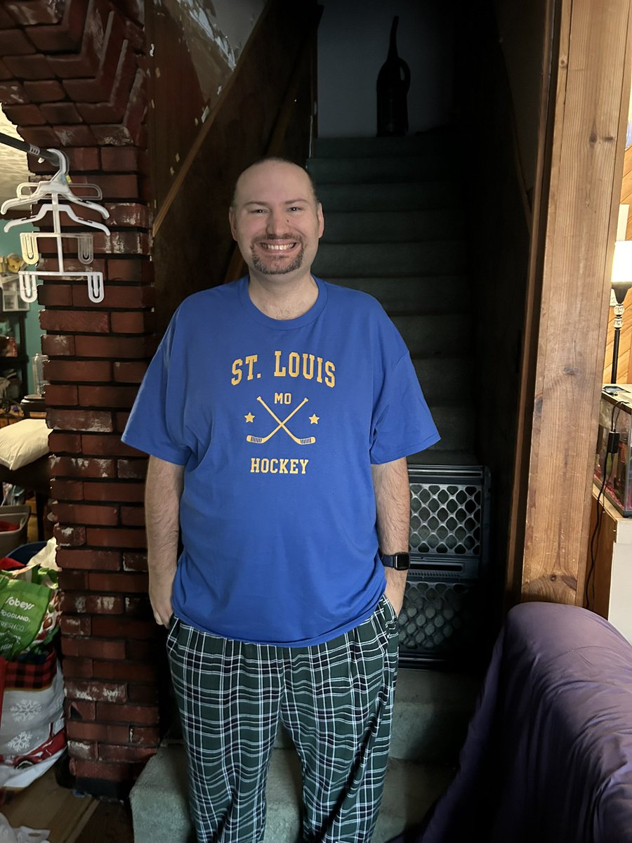 StlBluesFan2024's tweet photo. Pyjama Day at School Today. Even though it doesn’t say Saint Louis Blues on My T-Shirt it Says Saint Louis Hockey I’ll still take as a Saint Louis Blue Hockey T-Shirt lol😀. #StlBlues #OurBlues #LongLiveTheNote #GoBluesGo #PyjamaDay https://t.co/aLLgIDhJJx