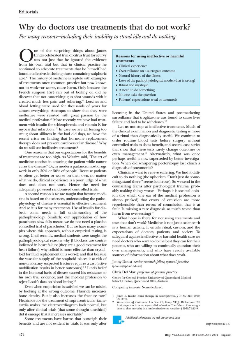 Why do Drs use treatments that do not work?
For many reasons—including their inability to stand idle and do nothing
ncbi.nlm.nih.gov/pmc/articles/P… via <a href="/jadoust/">jadoust</a> &amp; Late Prof #ChrisDelMar &amp; <a href="/bmj_latest/">The BMJ</a>