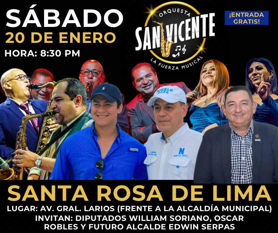 NI_LaUnion's tweet photo. Vamos todos a Bailar en el #CarnavalCyan el Sábado 20 de Enero, en Santa Rosa de Lima.
🎶💃🏻🕺🏻🎶

Ameniza: Orquesta San Vicente 🎺🪇 

Te Invitan los candidatos a Diputados @WilliamSorianoH, @OscarRoblesSv y Dr. @EdwinSerpas2021 Candidato Alcalde por La Unión Norte. 🧢😎 https://t.co/T1c2iJqTy4