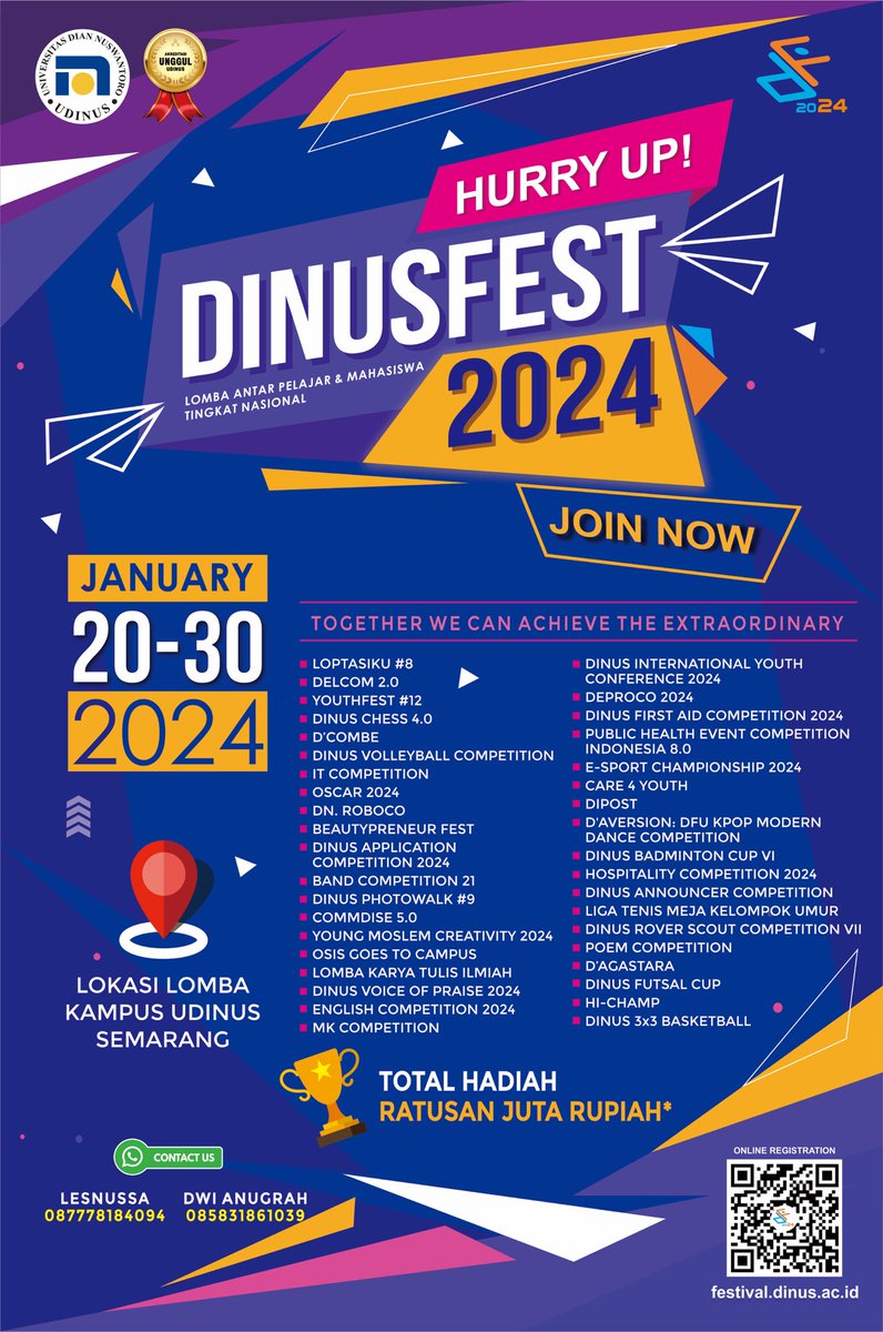 Dinusfest is back! Berbagai lomba nasional tingkat nasional siap digelar di Kampus Udinus✨
Hadiahbtotal ratusan juta rupiah dan beasiswa telah menunggumu, Dinusian!
Let’s Join Now!🔥