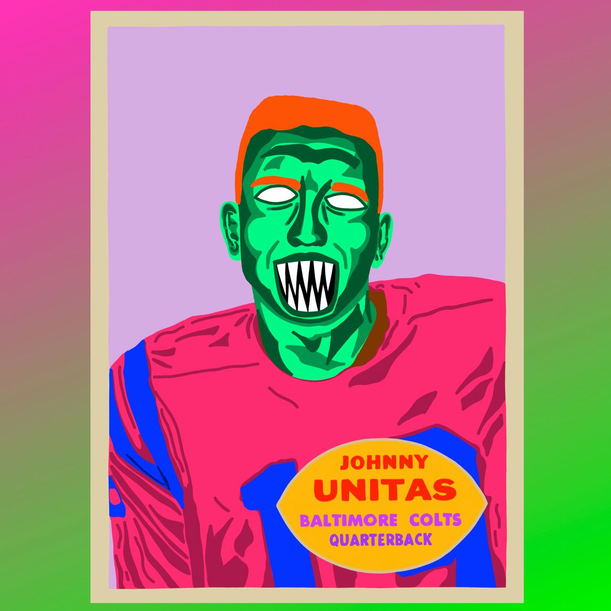 NeonBlackTiger's tweet photo. With #WildCard weekend wrapping up and some crazy games, it seemed like a good time to share my #NeonTerror of #JohnnyUnitas' 1960 #Topps. Pretty epic card in its own right! #Unitas was a beast and one of the greatest #NFL players of all time. https://t.co/c9erMU9xV2