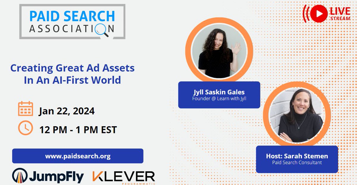 Upcoming Webinar Topic💡: Creating Great Ad Assets In An AI-First World Speaker🎙️: @jyllsaskingales w/ host @runnerkik Date🗓️: 1/22/2024 @ 12:00pm EST Watch Here🎥: youtube.com/live/K0TOXthG1… Sponsors: @JumpFly @WeAreKlever #ppcchat #paidmedia #googleads