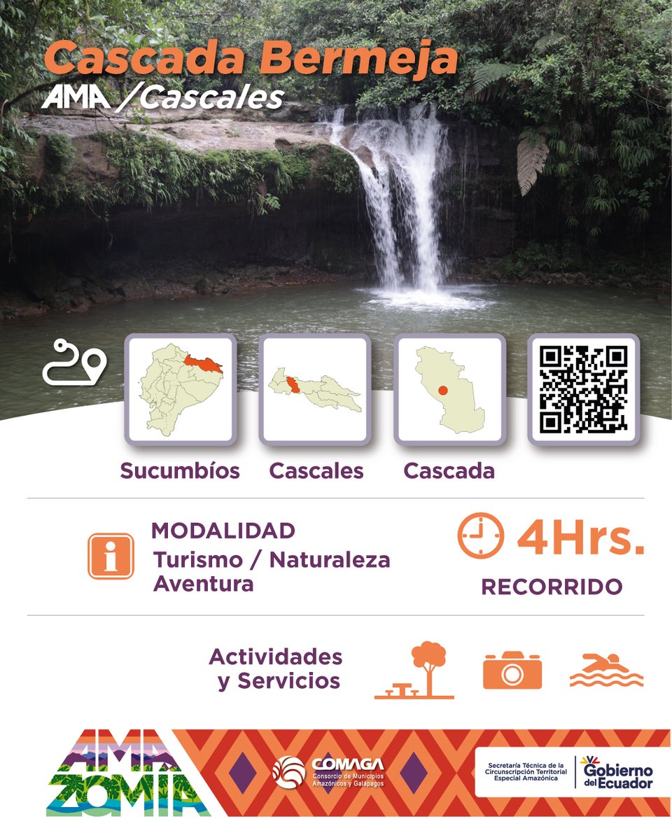 AMA CASCADA BERMEJA, cantón de la provincia de sucumbíos con una altitud aproximada de 20 metros, esta cascada te envuelve en un entorno rodeado de exuberante vegetación, creando un escenario perfecto para actividades de recreación al aire libre. ¡Sumérgete en la serenidad y la