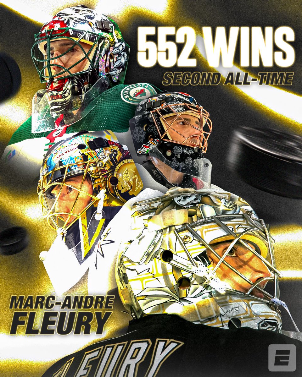 espn's tweet photo. Marc-Andre Fleury makes history, passing Patrick Roy for the second-most career goaltender wins in NHL history 👏 https://t.co/5UkPRlZqEu