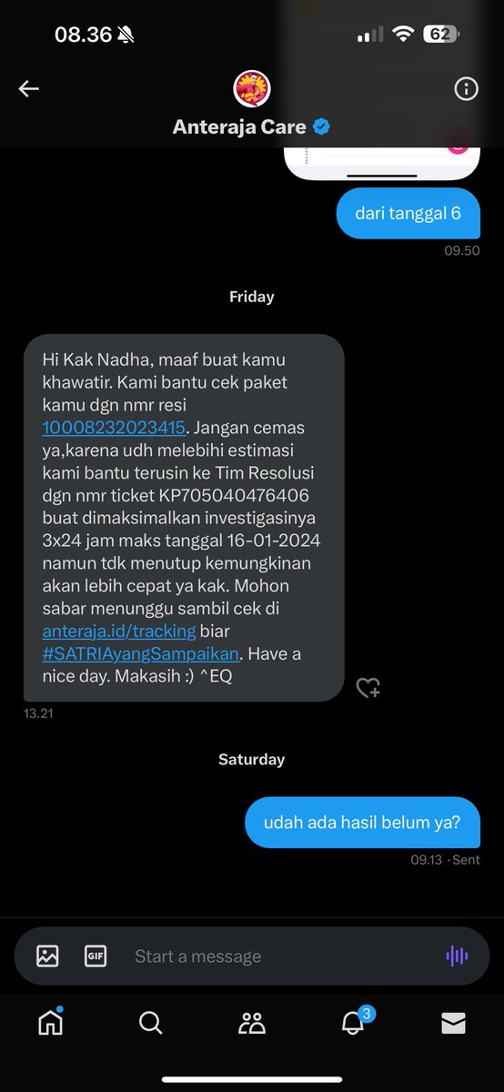 nadhaglenys's tweet photo. @anteraja_id @AnterajaCare asli sih udh 10 hari, gerak aja ngga. bikin laporan jg gaada hasil atau solusi sama sekali, cuman disuruh nunggu nunggu aja. mesti nunggu berapa lama lagi? https://t.co/SJ5taAiUSO