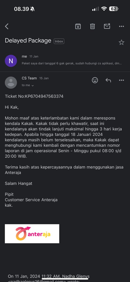 nadhaglenys's tweet photo. @anteraja_id @AnterajaCare asli sih udh 10 hari, gerak aja ngga. bikin laporan jg gaada hasil atau solusi sama sekali, cuman disuruh nunggu nunggu aja. mesti nunggu berapa lama lagi? https://t.co/SJ5taAiUSO