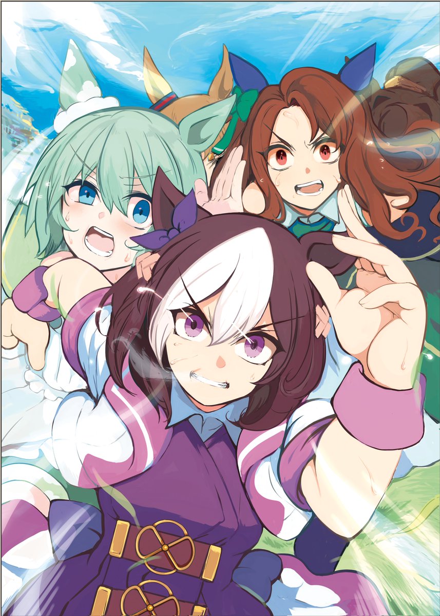 キングヘイロー(ウマ娘) ,セイウンスカイ(ウマ娘) ,スペシャルウィーク(ウマ娘) 「バチバチレース絵見たい #何だっていい過去作品を掲載するチャンスだ 」|志村＠skeb 募集中のイラスト
