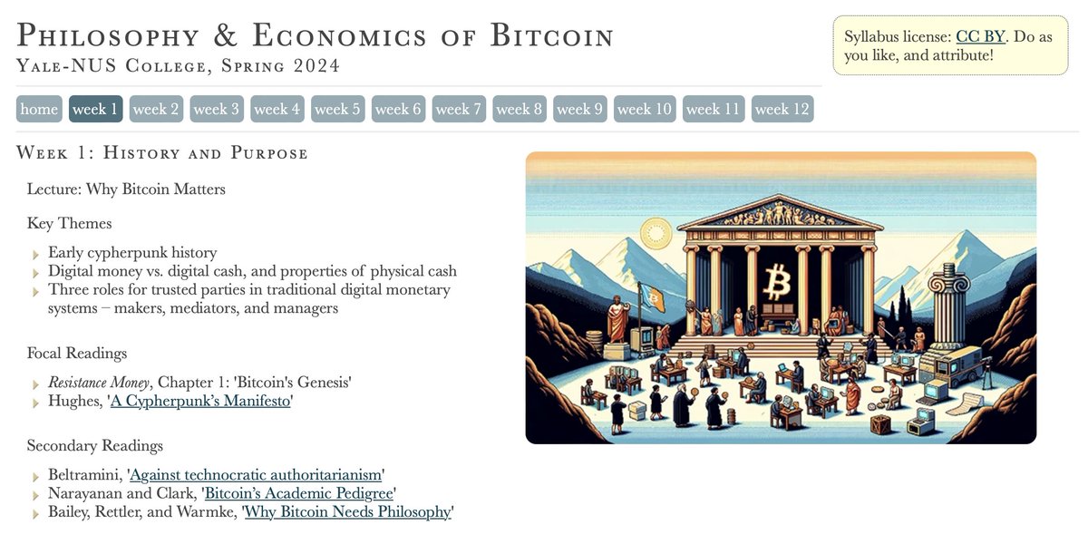 NEW: This spring, a Philosophy &amp; Economics of #Bitcoin course is being taught at Yale-NUS College, a collaboration between Yale University and the National University of Singapore, and the first liberal arts college in 🇸🇬 Singapore.