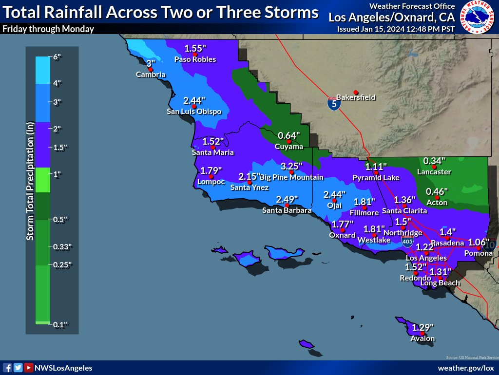 NWSLosAngeles's tweet photo. Looking at 2-3 storms moving through from Fri-Mon which have the Potential to bring significant rain to our area. Things will begin up north as per usual so chances don't start for LA until Fri night/Sat AM. Keep an eye on the forecast, as things can change. #socal #CAwx #SLOrain https://t.co/0M7OnVh9C3