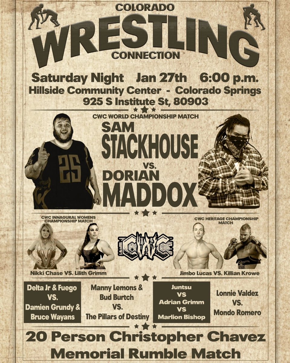 OfficialCWC719's tweet photo. The card for the Jan 27th event has been set!
Only 5 ringside seats remain!
@DawgFilt V @Sam_Stackhouse in the main event!
Tickets available at https://t.co/vRUGY01nEf
And https://t.co/OlPqYYhgAf for our veteran friends!
#CWC #coloradowrestling #ColoradoProWrestling #prowrestling https://t.co/aSJUtHJ66I