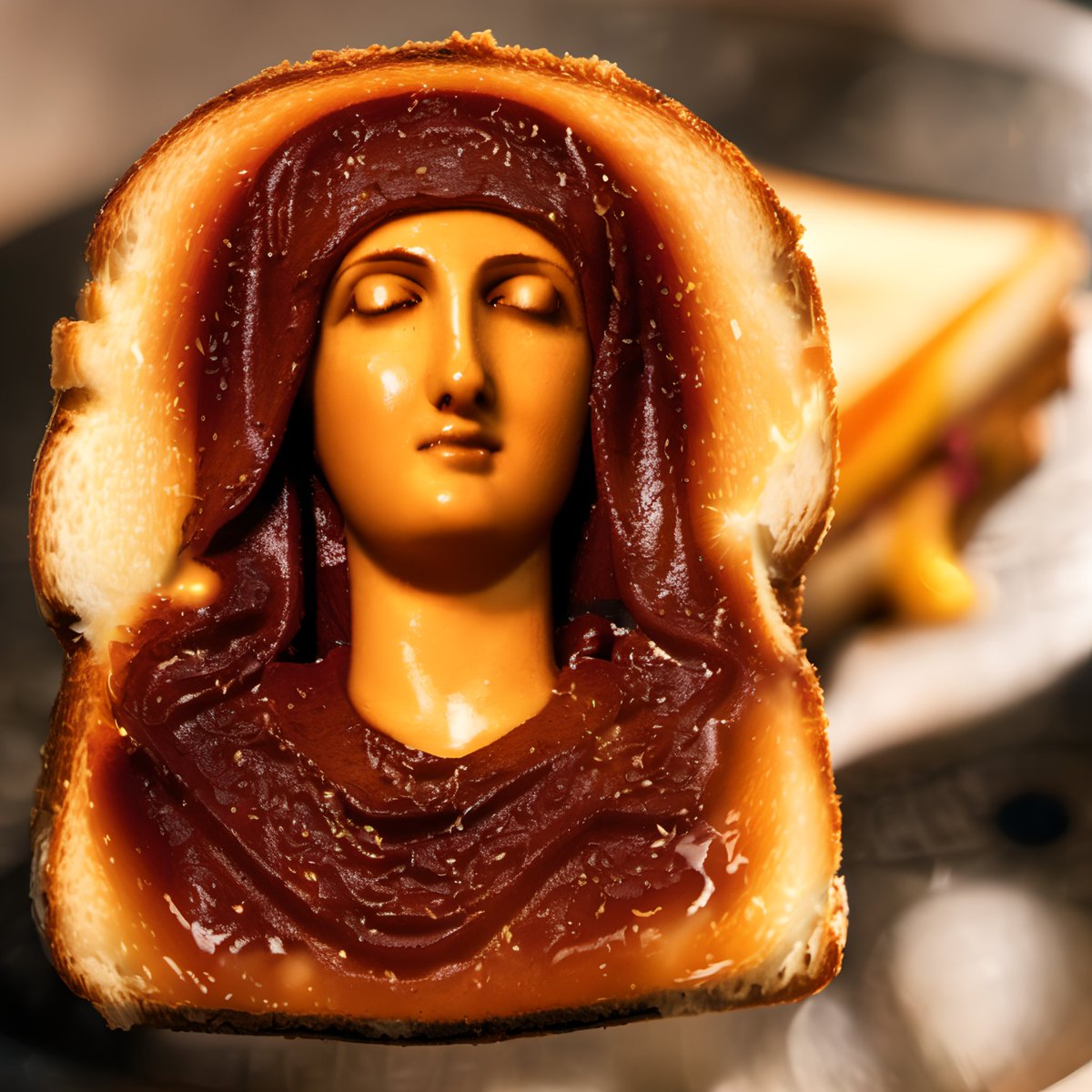 Melted Miracle #14 THE VIRGIN MARY 

SOLD! As of 8:22pm, Monday, November 22, 2004.
 
Diana Duyser's  'Virgin Mary' grilled cheese sandwich sold for $28,000 dollars at  auction on eBay to GoldenPalace dot com who's executives say they were  willing to spend 'as much as it took'…