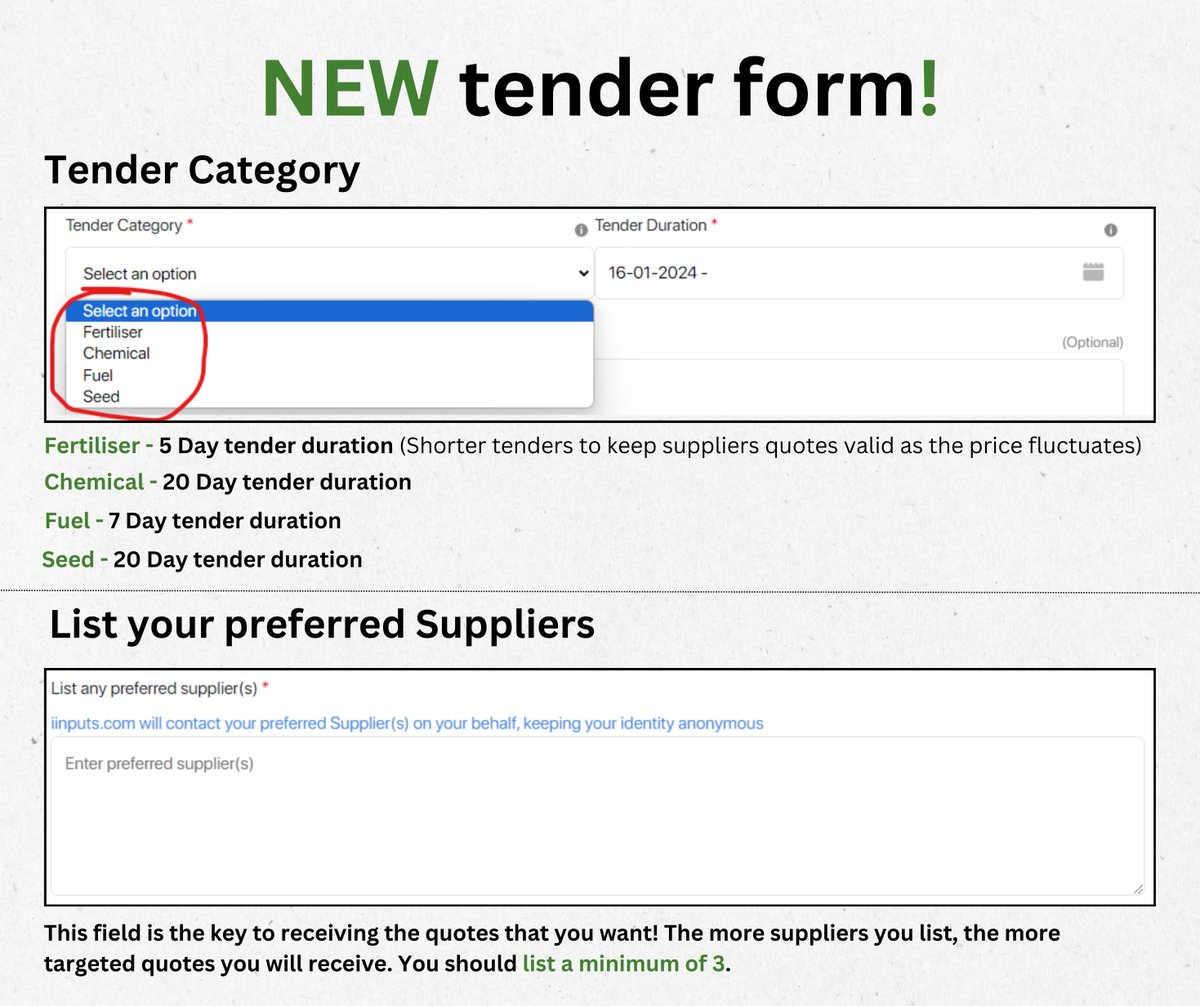 iinputs's tweet photo. We are excited to announce some NEW FEATURES on https://t.co/5RJxLbYFgQ!

New products available for tender on https://t.co/5RJxLbYFgQ!

New tender form with added features to help you receive more targeted quotes.

As well as tender duration limits (see below) to help with price fluctuations. Helping to Keep valid quotes against your tender at any one time!

Login to use the updated tender form to submit a tender today.