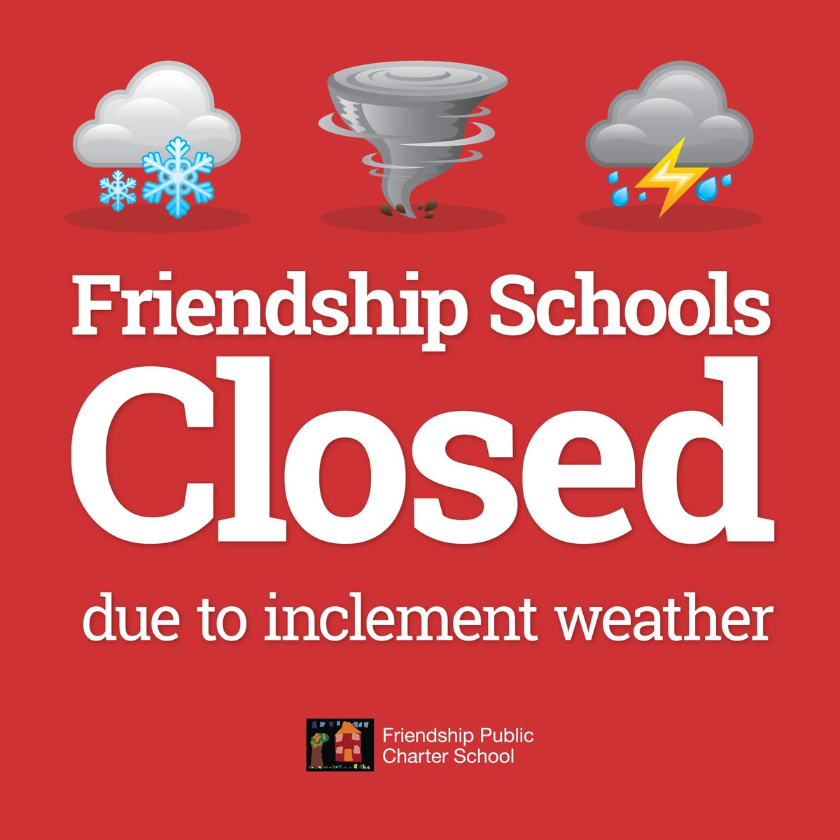 All Friendship Public Charter School campuses will be closed on Tuesday, January 16th. Please stay warm & be safe. #WeatherUpdate #SafetyFirst #FriendshipProud #dccharterproud