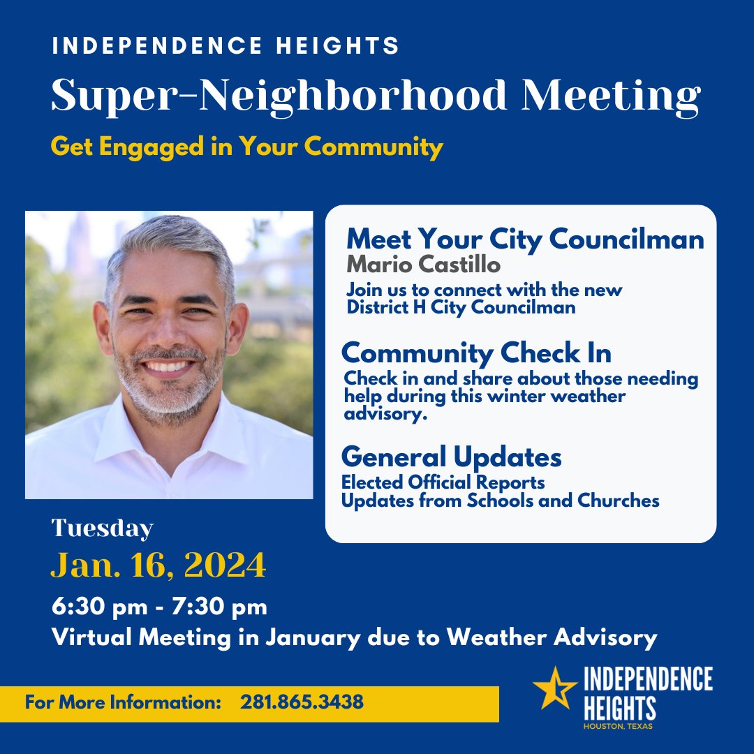 indheightstx's tweet photo. Reminder, Ind Heights Super Neighborhood meeting is the 3rd Tuesday of each month at 6:30pm. This month the meeting is virtual due to the winter weather advisory. Please register with us for the meeting link if you'd like to attend. Thanks https://t.co/K2k0cZcaNK