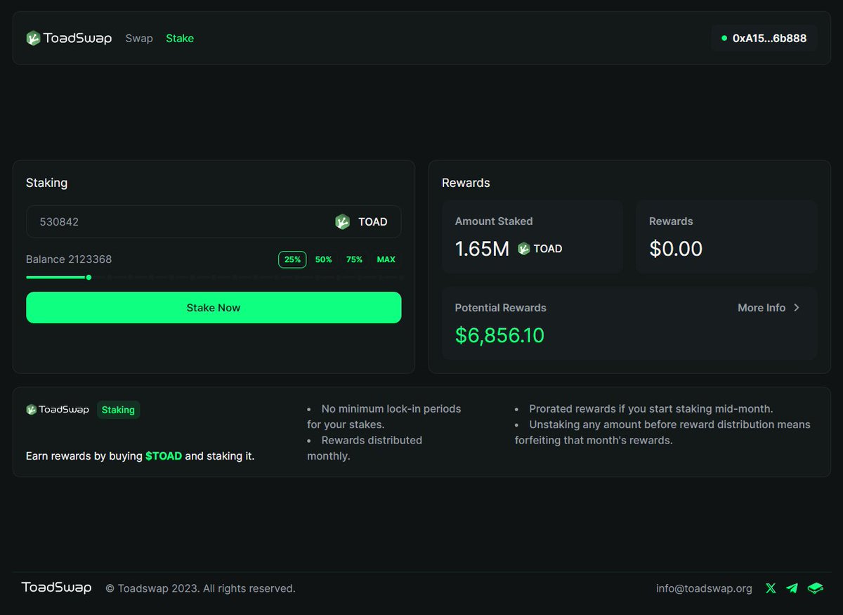 Toad_Swap's tweet photo. $TOAD Staking is officially live!
Stake your TOAD tokens now at https://t.co/WLvRJC3Ono and secure your spot for our first-ever RevShare distribution on February 20, 2024. To qualify for the maximum reward, make sure your stakes are in for at least 30 days.

$TOAD #ToadSwap https://t.co/IEm9QFFpwW