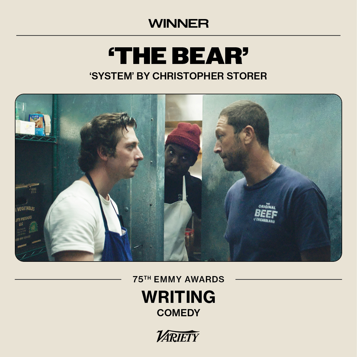Variety's tweet photo. #Emmys: Christopher Storer wins Outstanding Writing for a Comedy Series for #TheBear. https://t.co/FbYy7454ds https://t.co/aJPq63eVUh