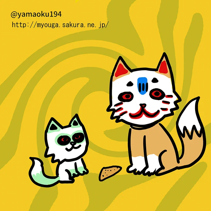 審神者歴9年のベテランの私が何も見ずに描いたこんのすけと新キャラのまめたろう?まめのすけ? 結構ポイントは押さえられてたね。
