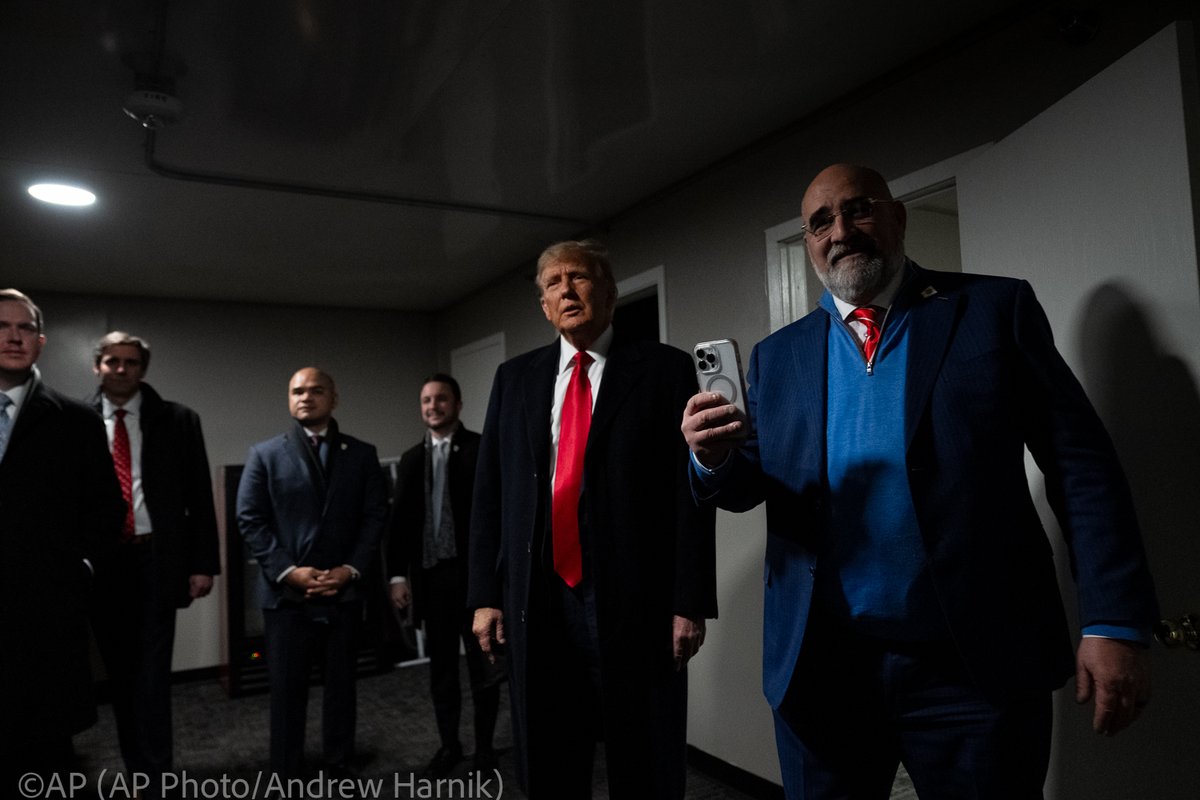 Republican presidential candidate former President @realDonaldTrump stands backstage after he spoke at a caucus site at Horizon Events Center, in Clive, Iowa, Monday, Jan. 15, 2024. (@AP Photo/@andyharnik )