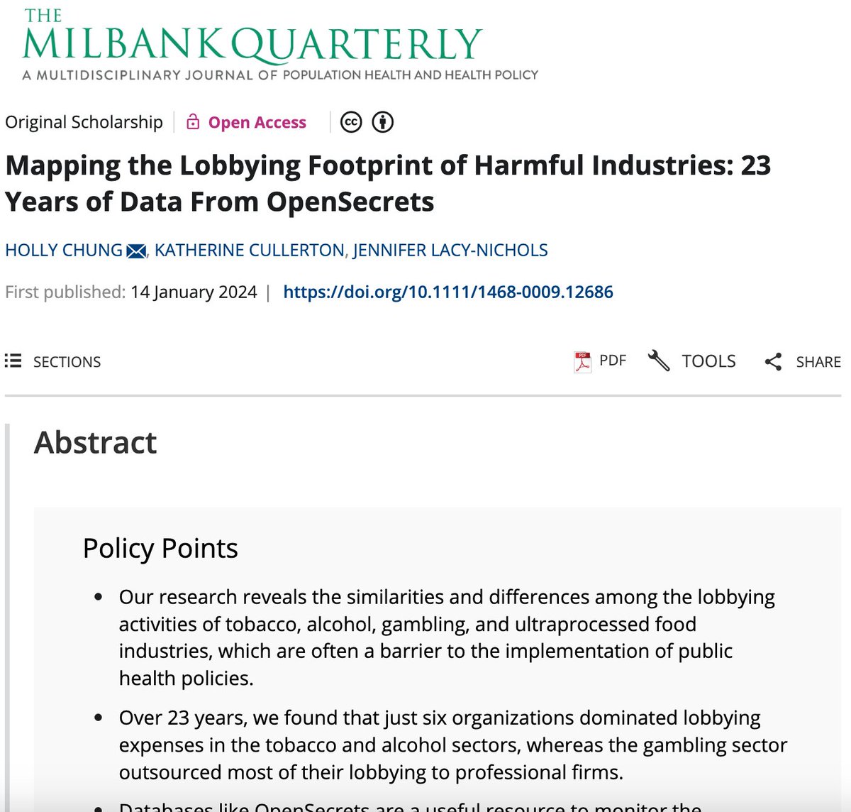 📣 New paper led by Holly Chung examining 23 yrs of data from the OpenSecrets database tinyurl.com/3m573atu We found the ultraprocessed food industry spent the most on lobbying ($1.1 billion), then gambling ($817 million), tobacco ($755 million) &amp; alcohol ($541 million). (1/3)