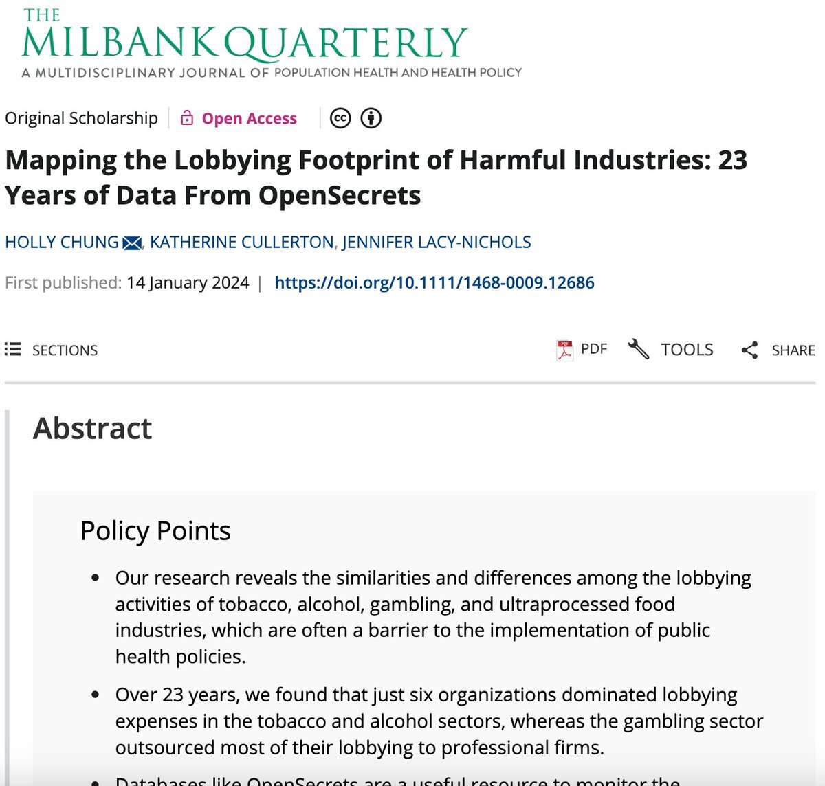 📣 New paper led by Holly Chung examining 23 yrs of data from the OpenSecrets database tinyurl.com/3m573atu We found the ultraprocessed food industry spent the most on lobbying ($1.1 billion), then gambling ($817 million), tobacco ($755 million) & alcohol ($541 million). (1/3)