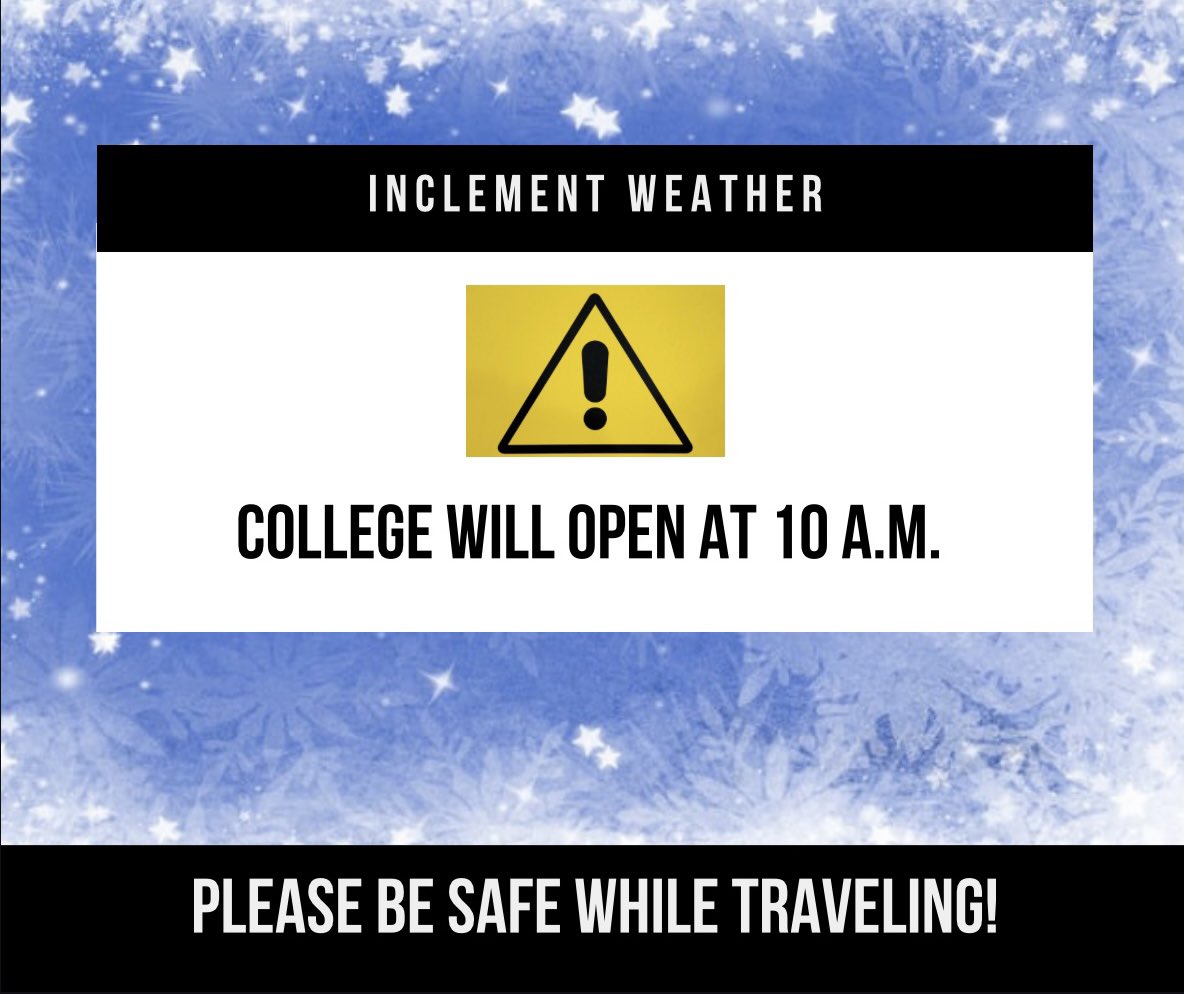 CCPedu's tweet image. Community College of Philadelphia will open at 10 a.m. on Tuesday, January 16, due to inclement weather. Classes beginning before 10 a.m. tomorrow are canceled. If necessary, additional information will be shared by text and email. Please be safe while traveling!