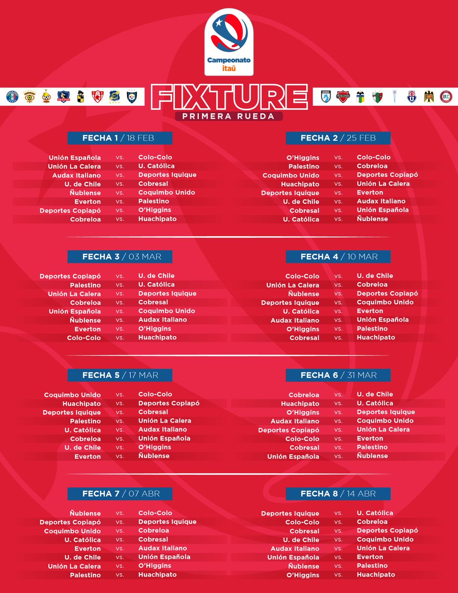 ANFPChile's tweet image. Aquí está el fixture muchachos! 🙌🏻

✅ El torneo se inicia el fin de semana del 18 de febrero y se extiende hasta noviembre.

 @Huachipato y @Cobreloa_SADP, que vuelve a la máxima categoría, protagonizarán el duelo de campeones en la primera fecha del Campeonato Itaú 2024 👇🏼