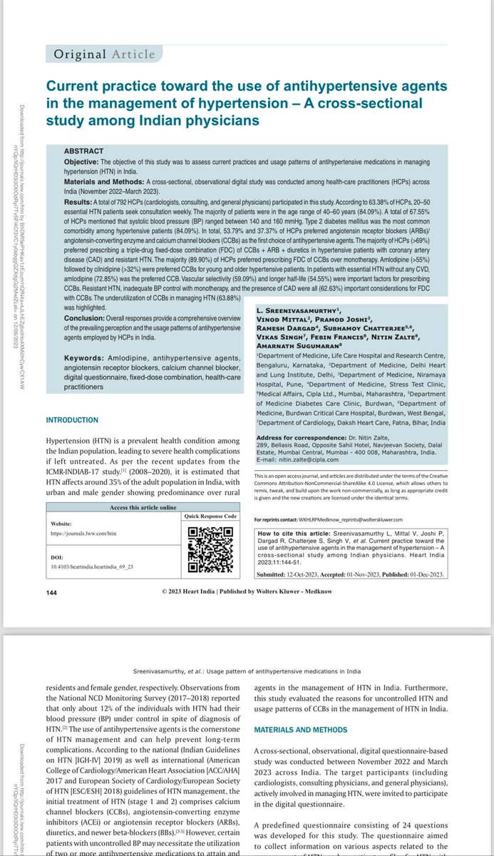 Happy to share our latest publication on current practices on use of antihypertensives in Indian physicians! @AskDrShashank @DrAmbrishMithal @vijayviswanatha @sahayrk @Rssdi_official @ACPIMPhysicians @DrBMMakkar @banshisaboo